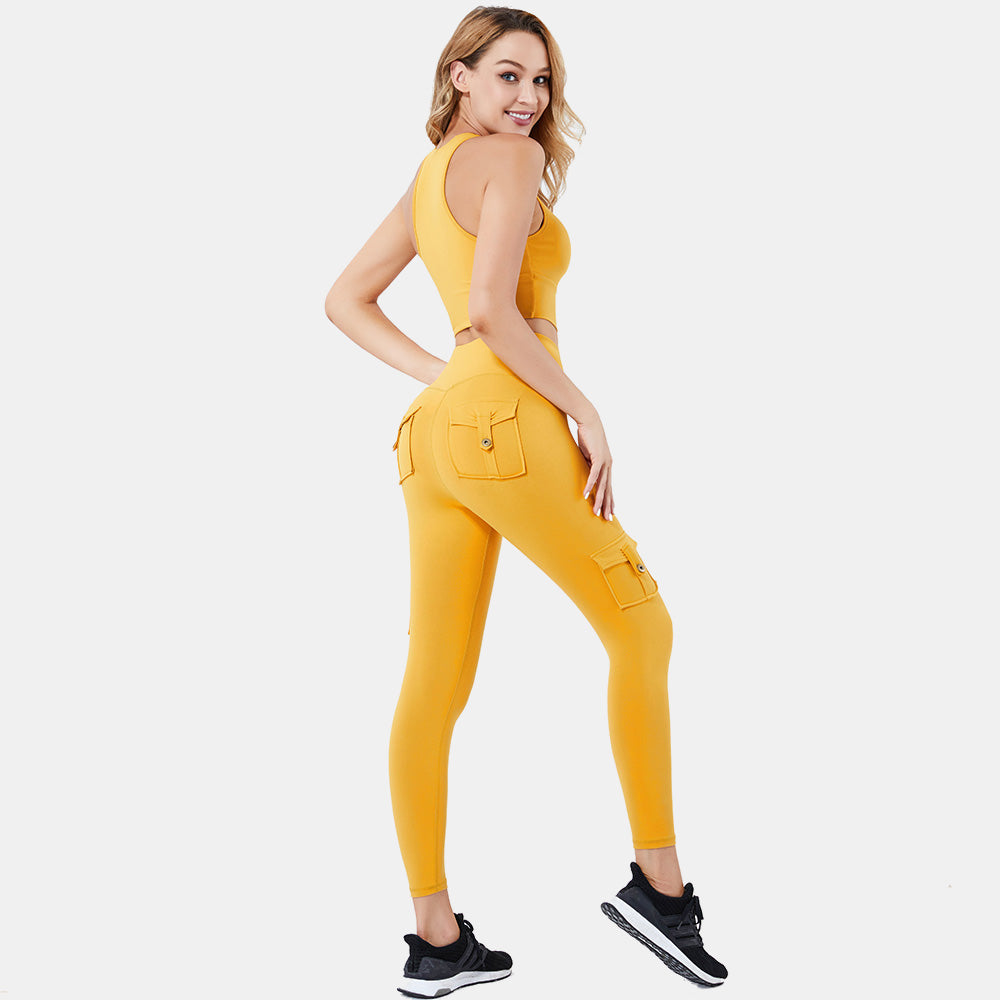 Pockets flexible fitness ladies yoga tights and crop 2 pieces set