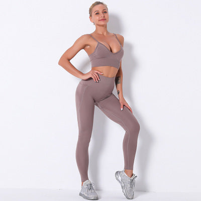 Sexy open back cross strap bra hip lifting pocket seamless yoga legging set
