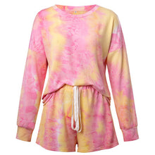 Load image into Gallery viewer, Tie Dyed Long Sleeve Shorts 2 Piece Set Round Neck Ladies Drawstring

