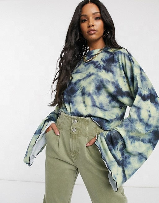 flared long sleeve crop top in ribbed washed tie-dye ladies summer blouse