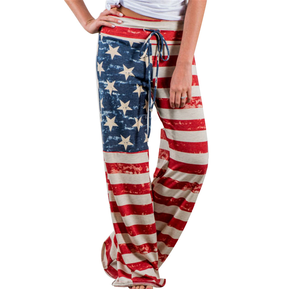 USA Flag Loungewear Pants Drawstring Wide Leg Ladies Palazzo Lounge Sweatpants Leggings Loose