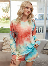 Load image into Gallery viewer, Tie Dyed Long Sleeve Shorts 2 Piece Set Round Neck Ladies Drawstring

