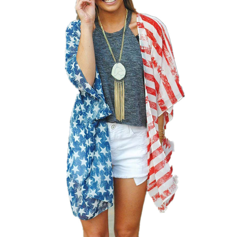 USA Independence Day Outfits Mujer Camisetas American Flag Star Print Tops Cover Up