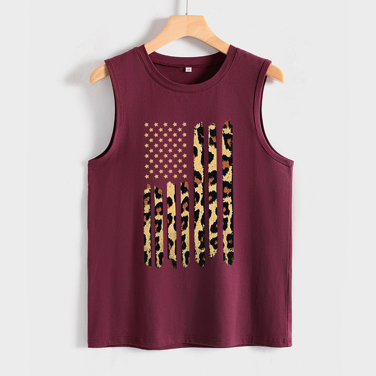 Leopard American Flag Stripe Graphic Tees T-Shirt Patriotic Vest